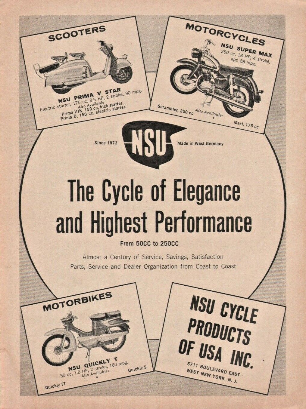 1960 NSU Super Max & Prima V Star Scooter & Quickly T - Vintage Motorcycle Ad