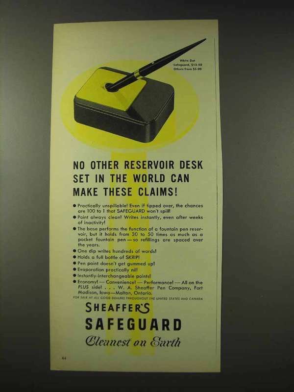 1948 Sheaffer\'s Safeguard Pen Ad - Reservoir Desk Set