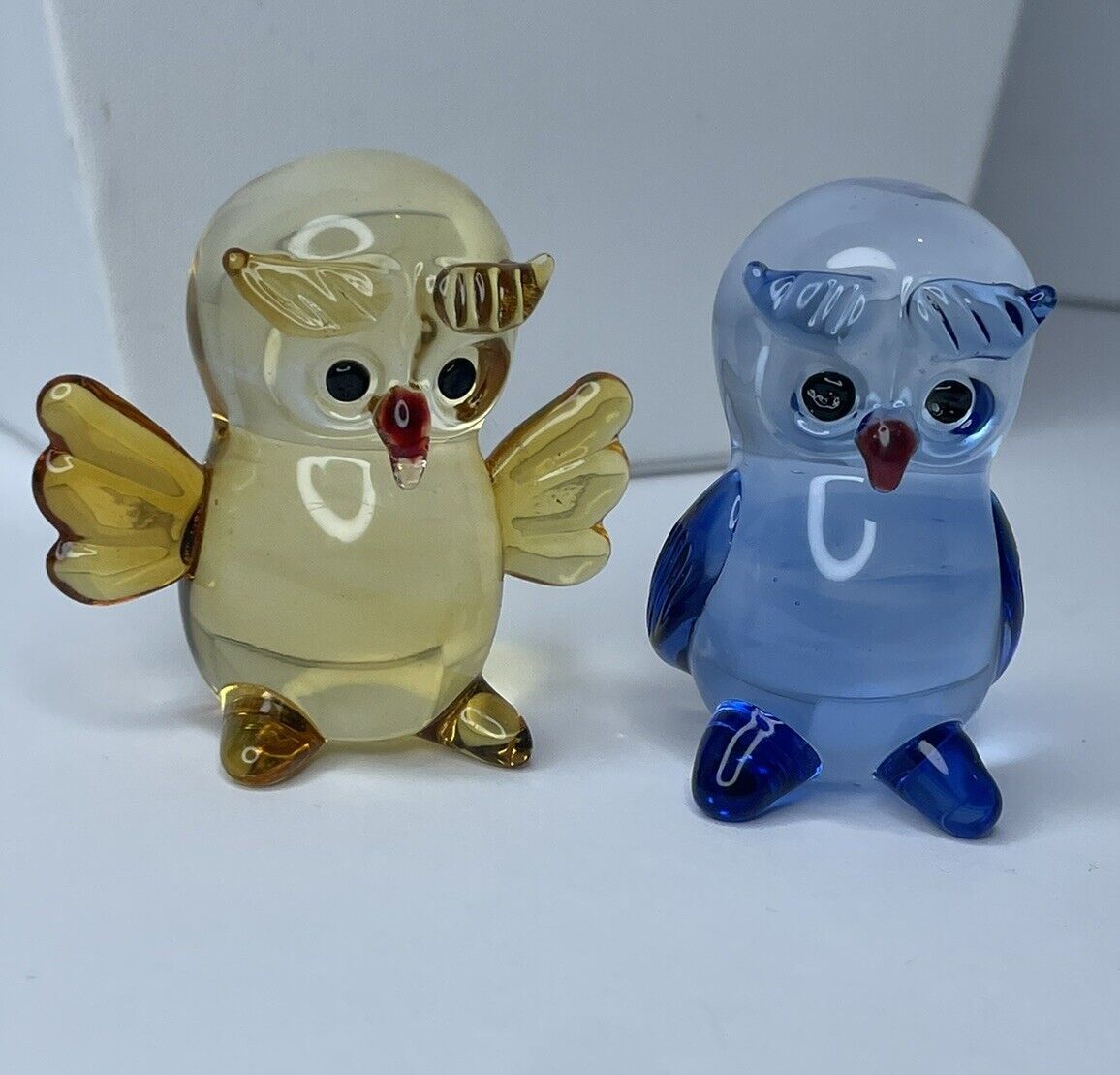 2 Lamp Work Owls By Lenox Hooting Twosome Owl Pair Figurines Blue Amber Glass
