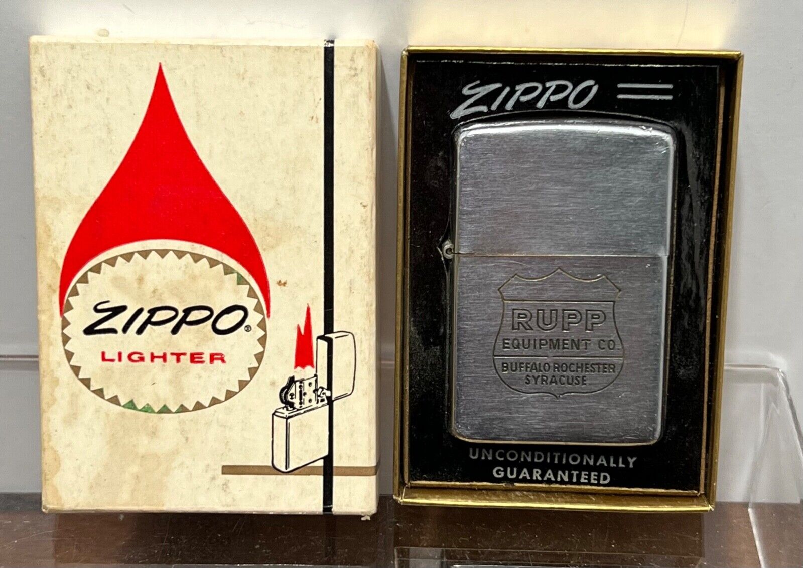 .Vintage 1958 Zippo Lighter Rupp Equipment Co. N.Y.  With box