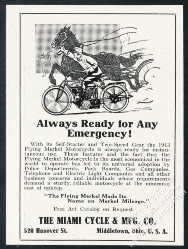 1913 Miami Cycle Flying Merkel motorcyle illustrated vintage trade print ad
