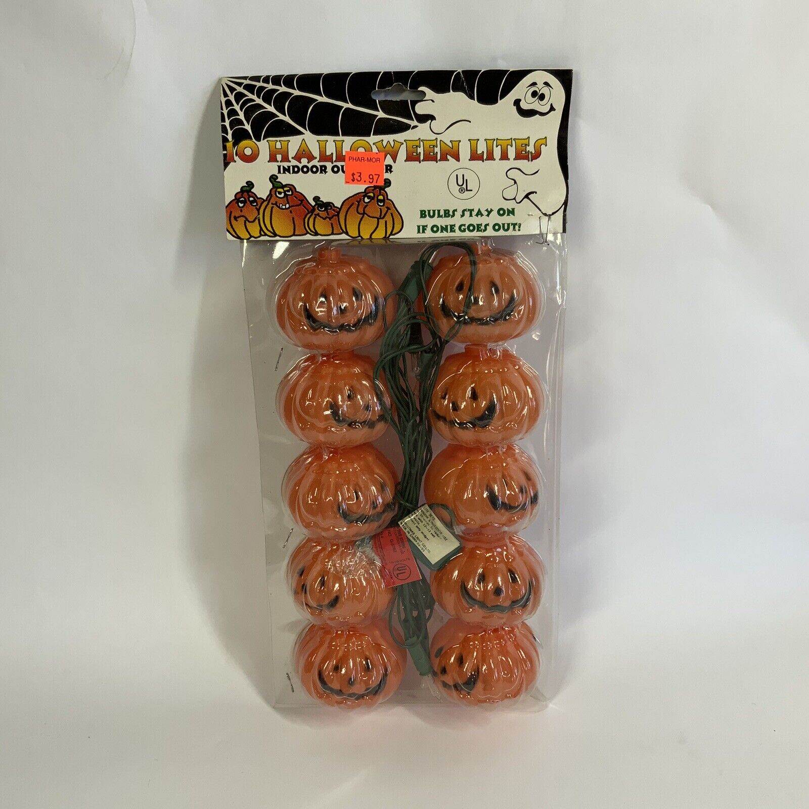 NOS Vintage Halloween Mini String Lights Pumpkin Jack O Lantern Blow Mold 10 Ct