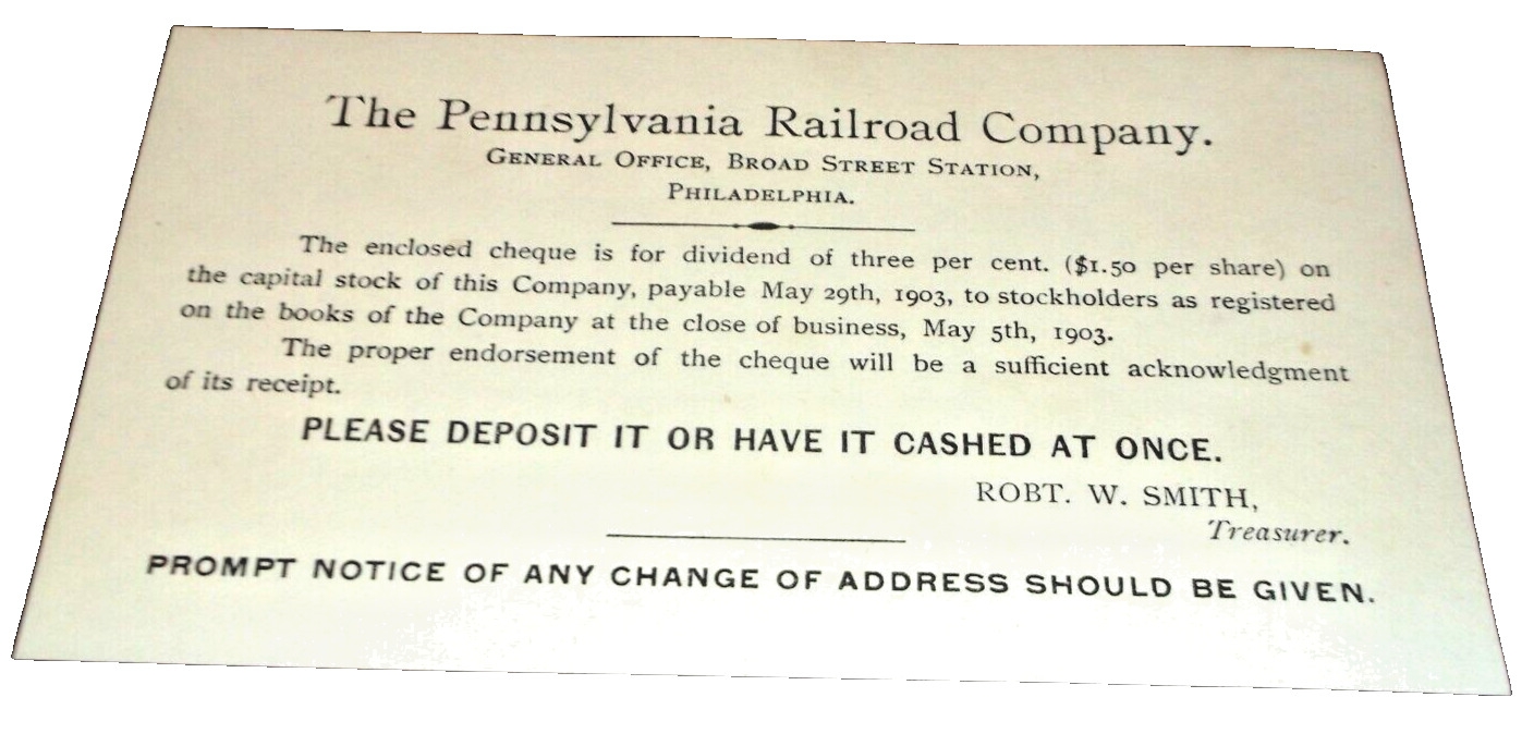 1903 PENNSYLVANIA RAILROAD PRR STOCK DIVIDEND REMINDER NOTICE