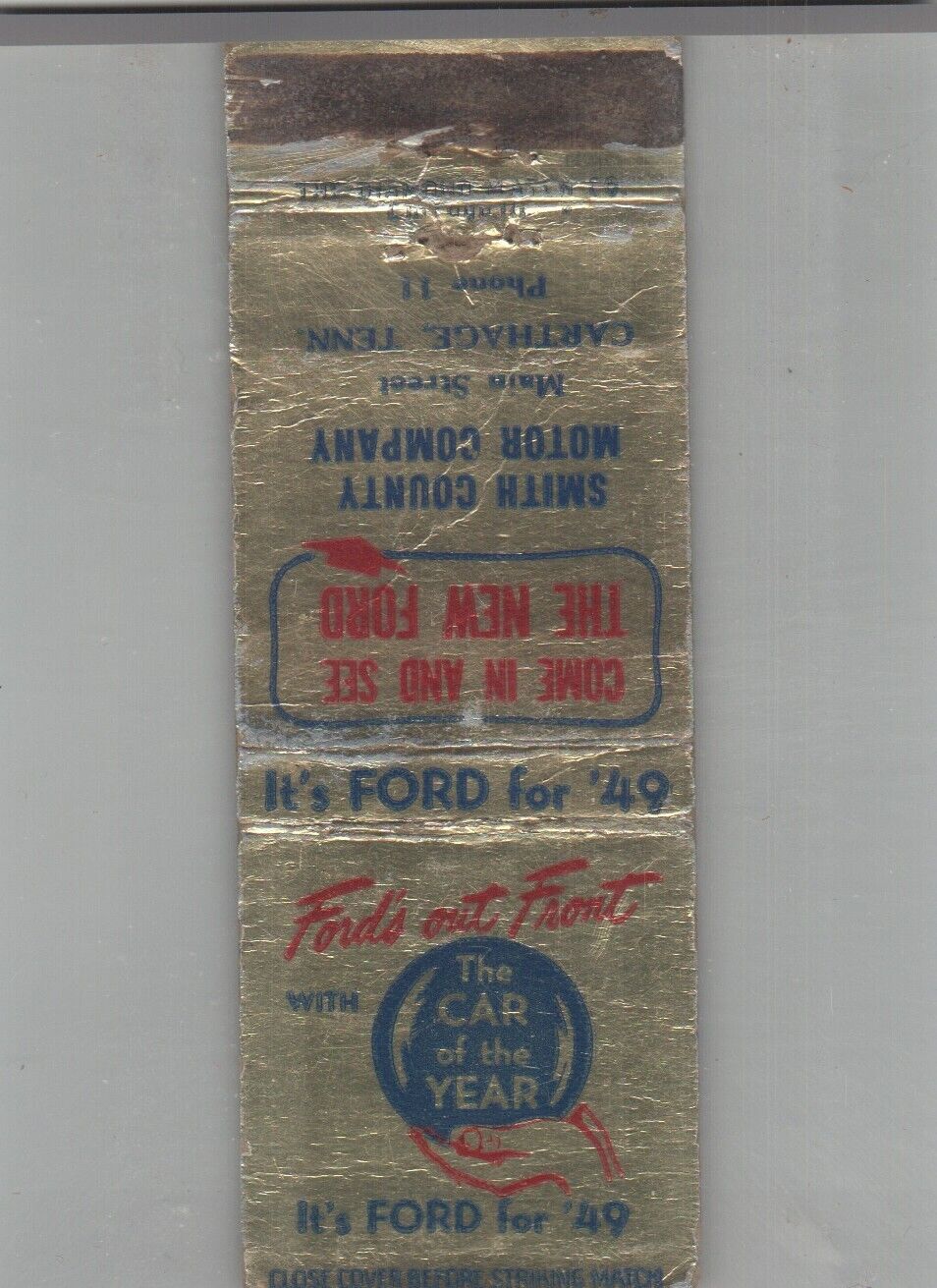 Matchbook Cover 1949 Ford Dealer Smith County Motor Co. Carthage, TN