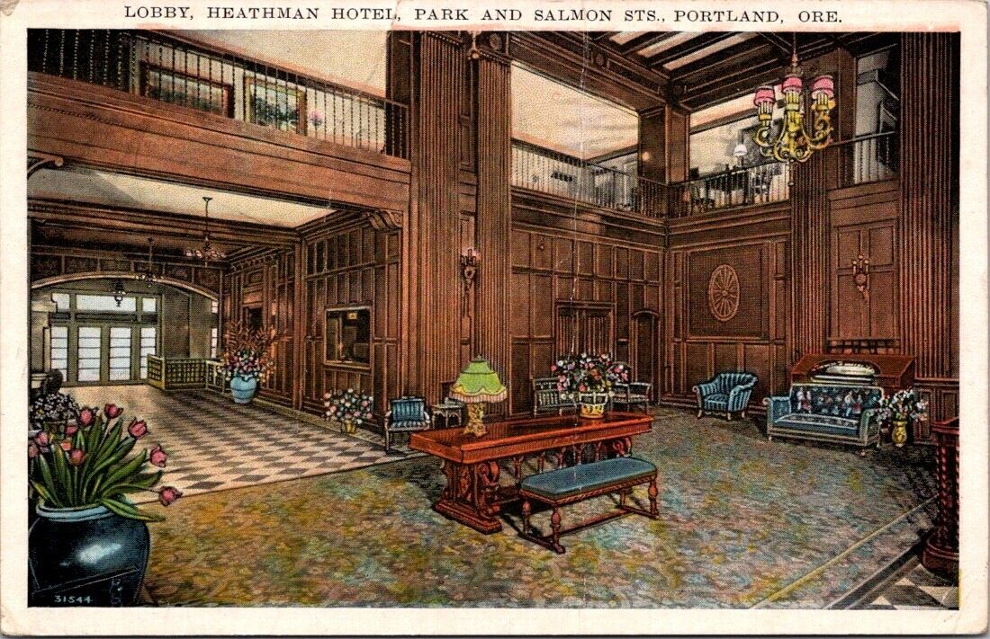 Portland OR Heathman Hotel Lobby Interior Oregon News Co c1920s postcard EP3