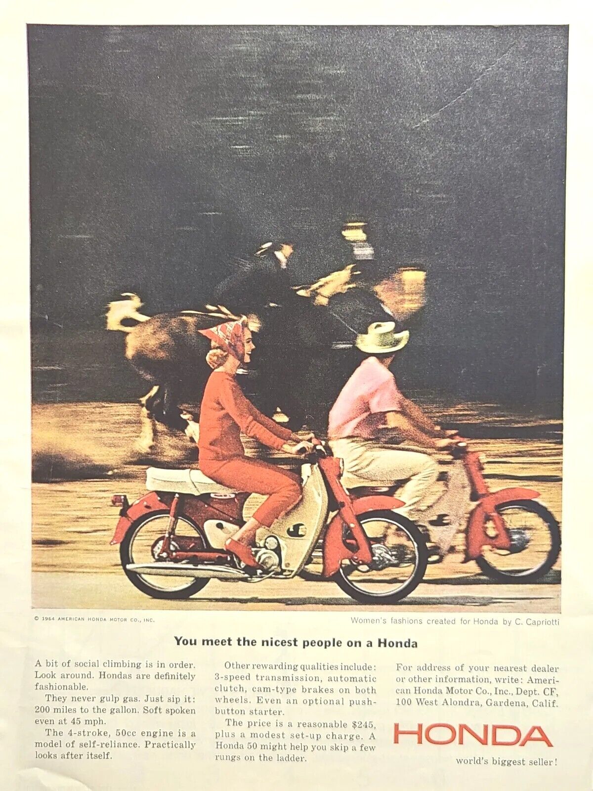 Honda 4-Stroke 50cc Motorized Gasoline Scooter Vintage Print Ad 1964
