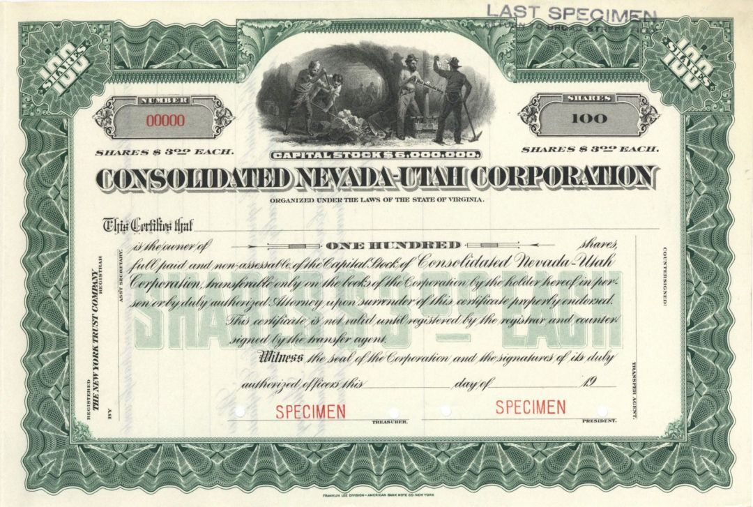 Consolidated Nevada-Utah Corp. - Specimen Stock - Specimen Stocks & Bonds