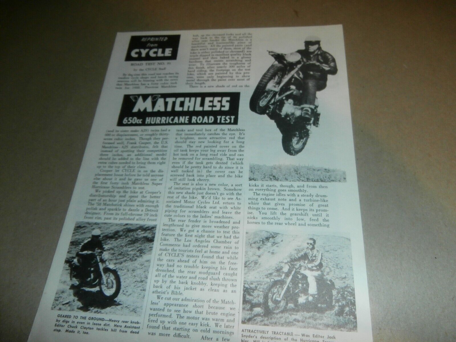 1958 Matchless 650cc Hurricane Motorcycle Road Test Paper from Cycle