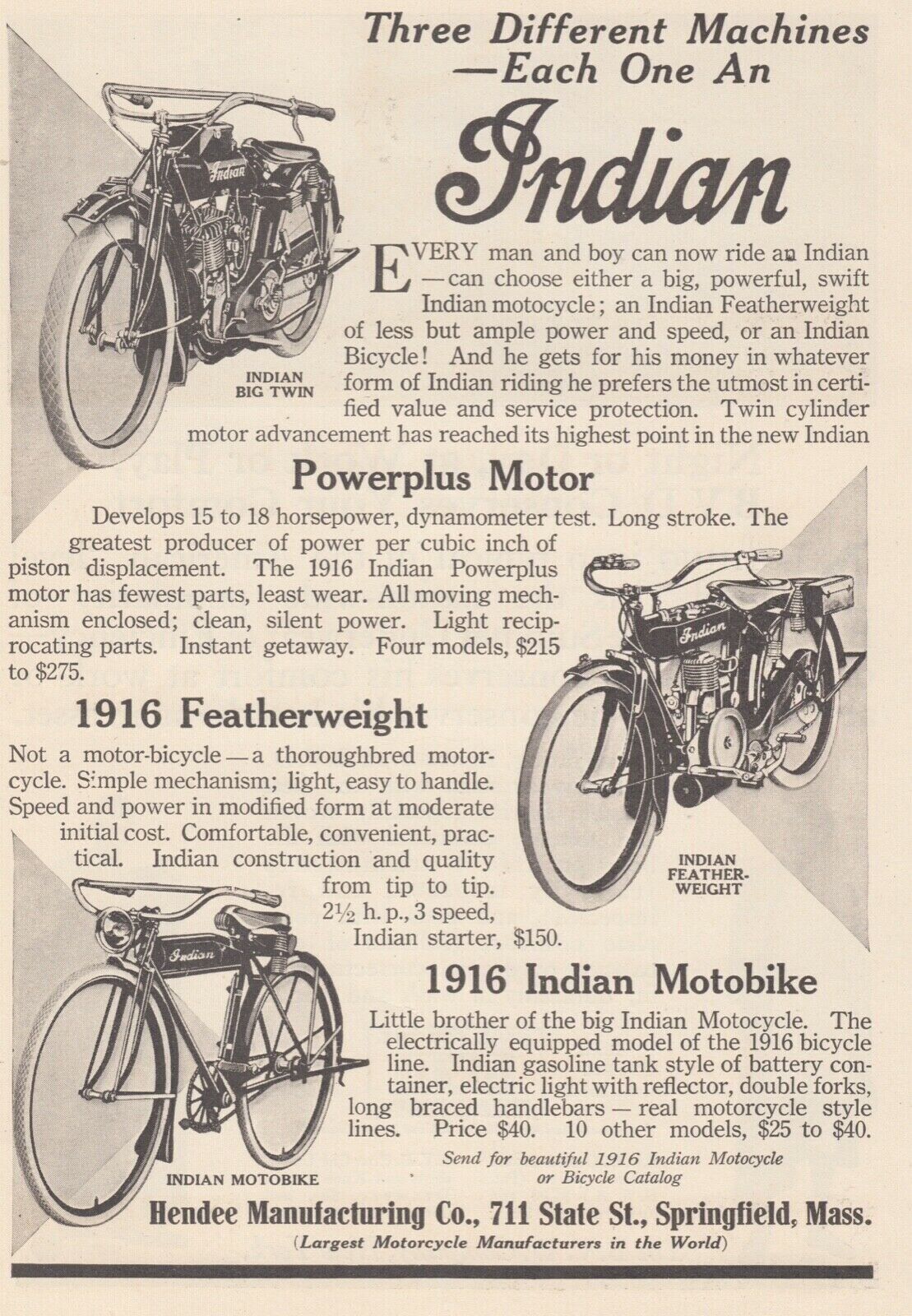 INDIAN MOTORCYLES VINTAGE 1916 AD-POWERPLUS-FEATHERWEIGHT-MOTOBIKE