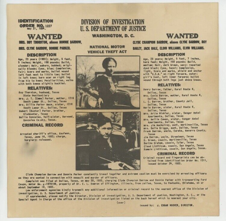 Bonnie and Clyde - Vintage DOI Issued Wanted Notice - U.S. DOJ, Washington, DC