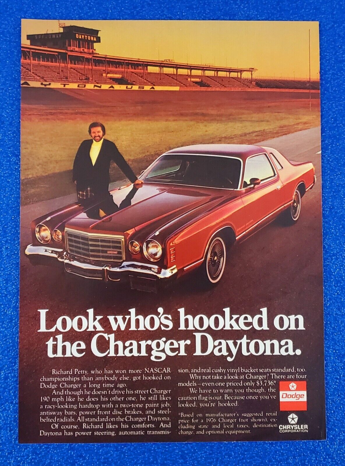 1976 DODGE CHARGER DAYTONA ORIGINAL COLOR PRINT AD RICHARD PETTY NASCAR LOT #43