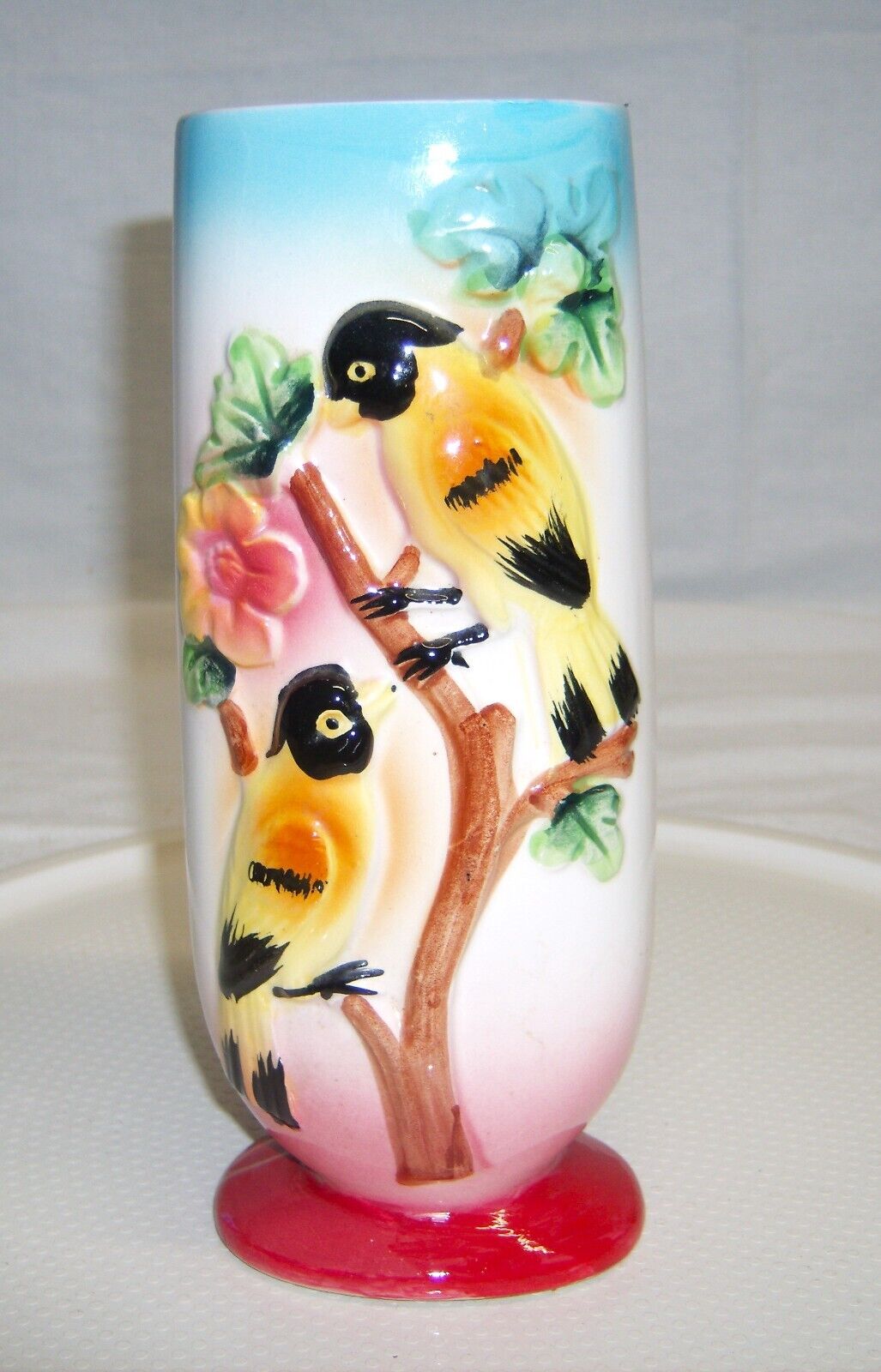 Vtg Hand Painted Vase Yellow Birds Perched in Tree Japan 7.75\