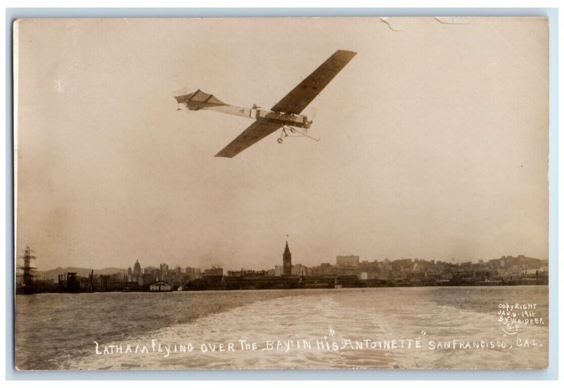 1911 Lantham Flying Over The Bay Antoinette San Francisco CA RPPC Photo Postcard