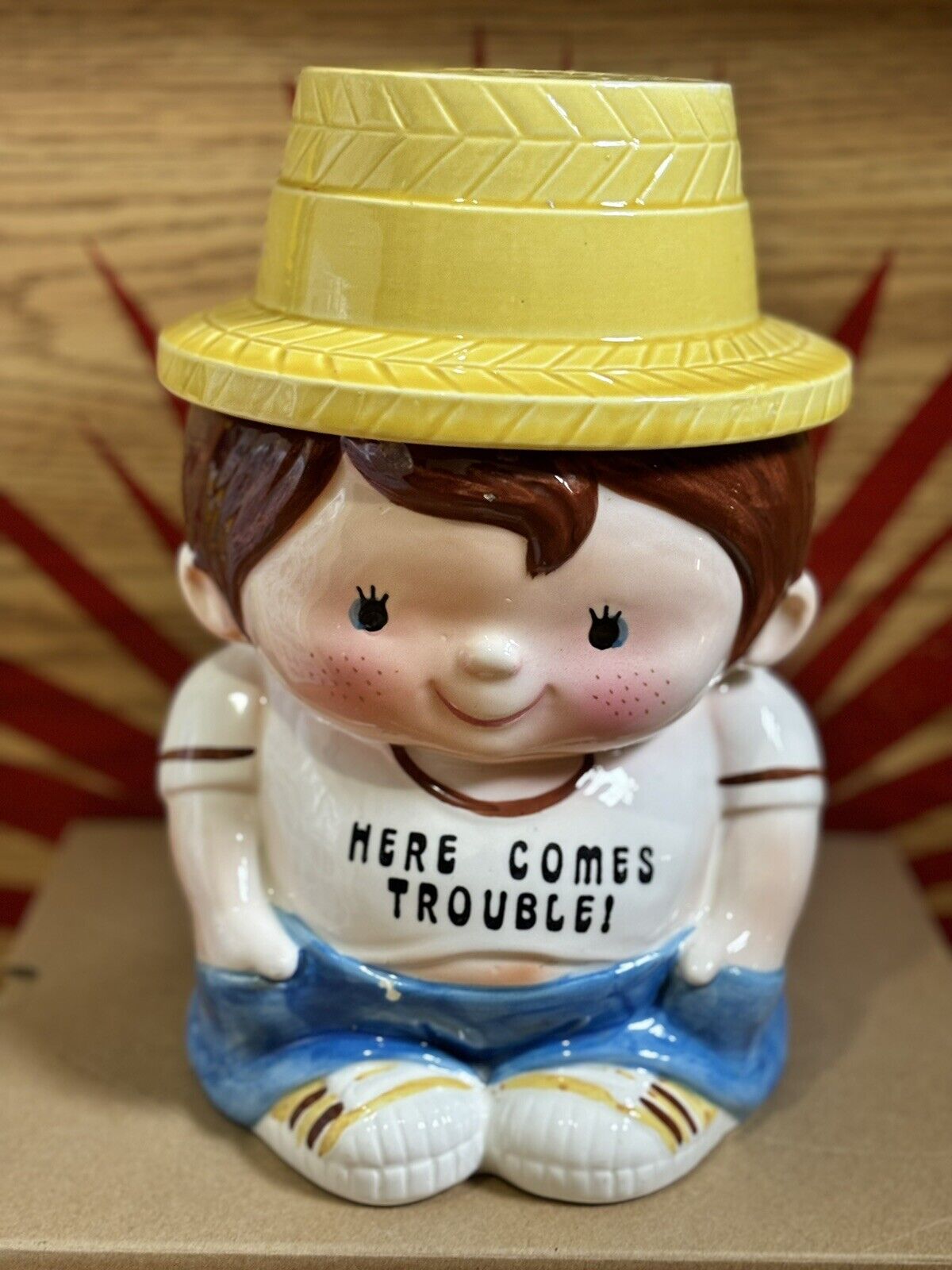 Extremely Rare Vintage Enesco Japan BOY ‘Here Comes Trouble’ Cookie Jar