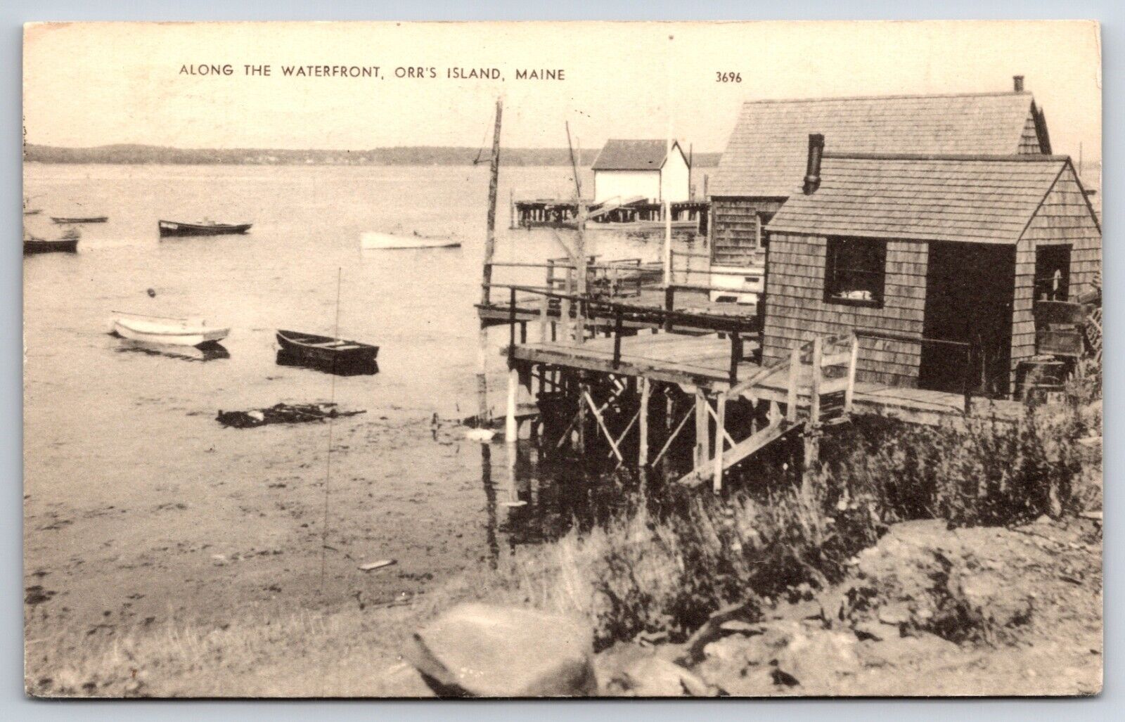 Along The Waterfront c1953 Orr\'s Island Maine ME Boats Dock Shop Vtg Postcard