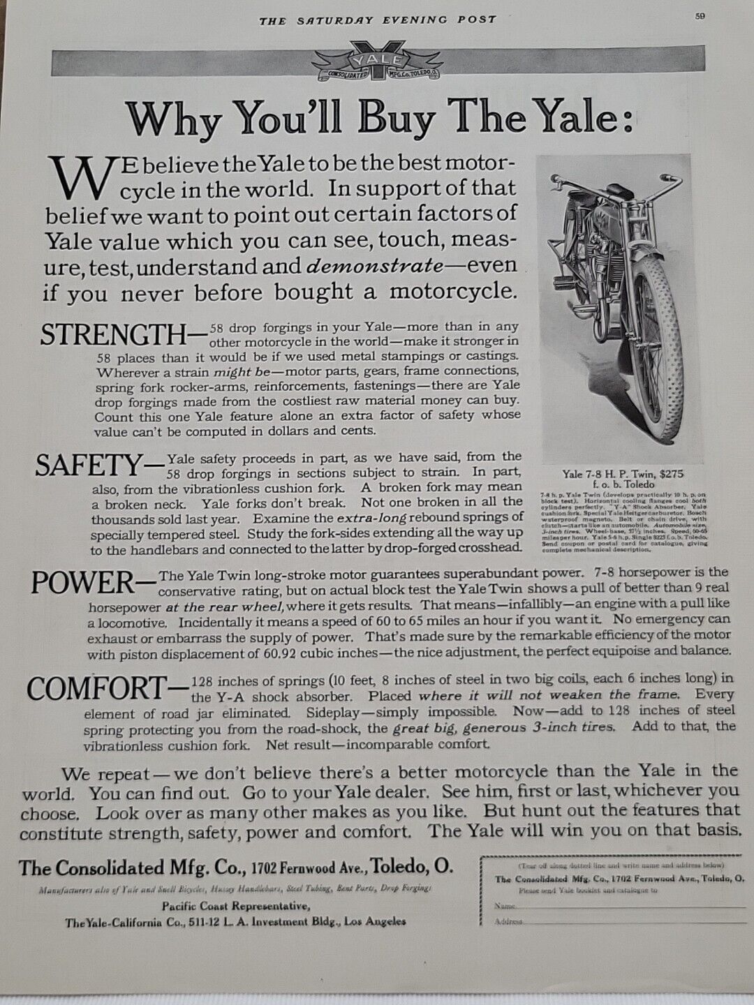 1913 Yale Motorcycle S. E. Post Print Ad Toledo Consolidated Mfg. 7-8 H. P. Twin