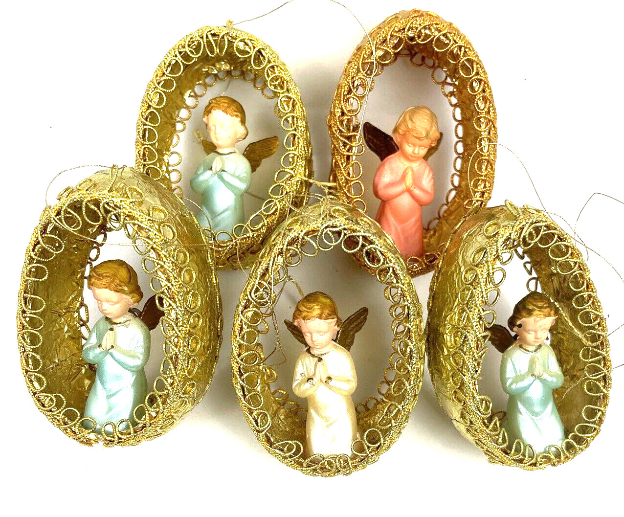 Vintage Christmas Diorama Ornaments Angel Gold Ribbon Foil Handmade 2\