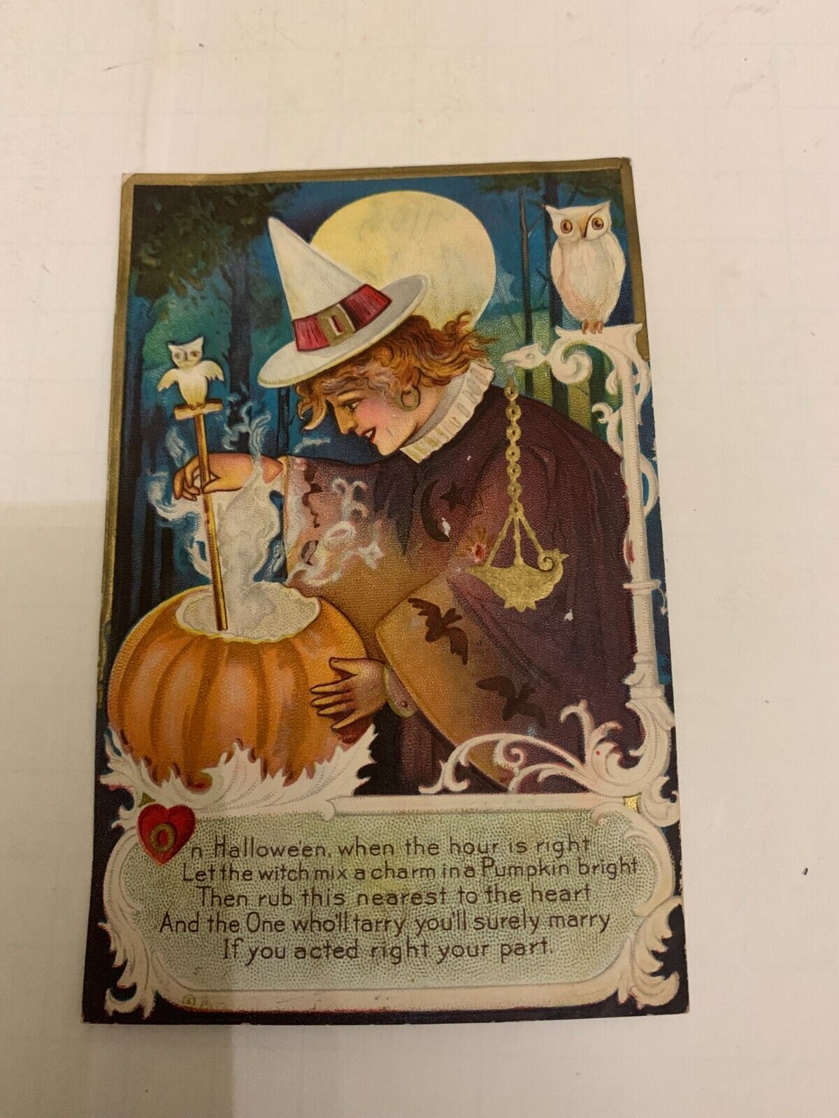 1911 Halloween Embossed Postcard Witch Stirring Potion Owl