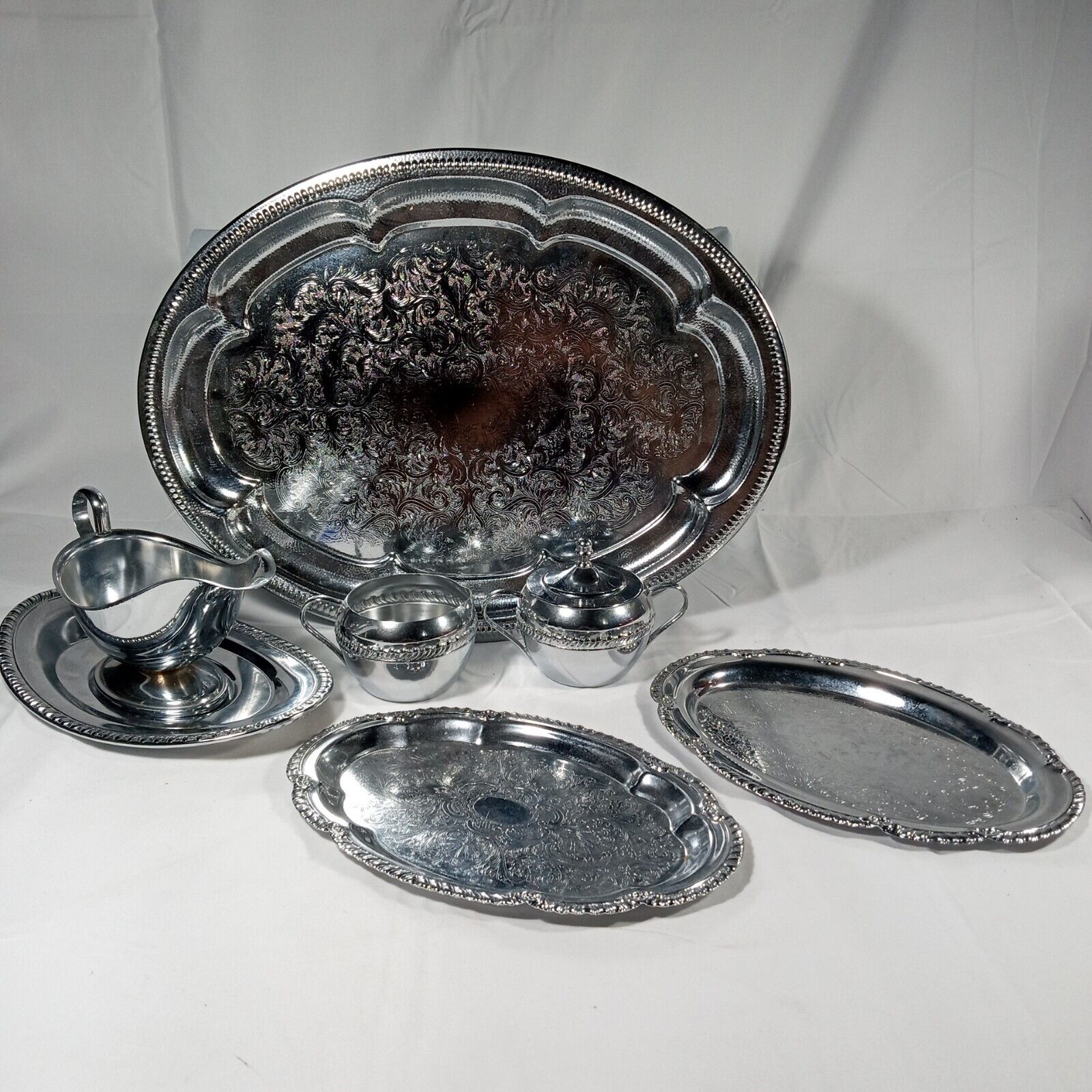 Vintage 1970’s Irvinware 8 Piece Silver Plated Etched Serving Trays Boat Cup Set