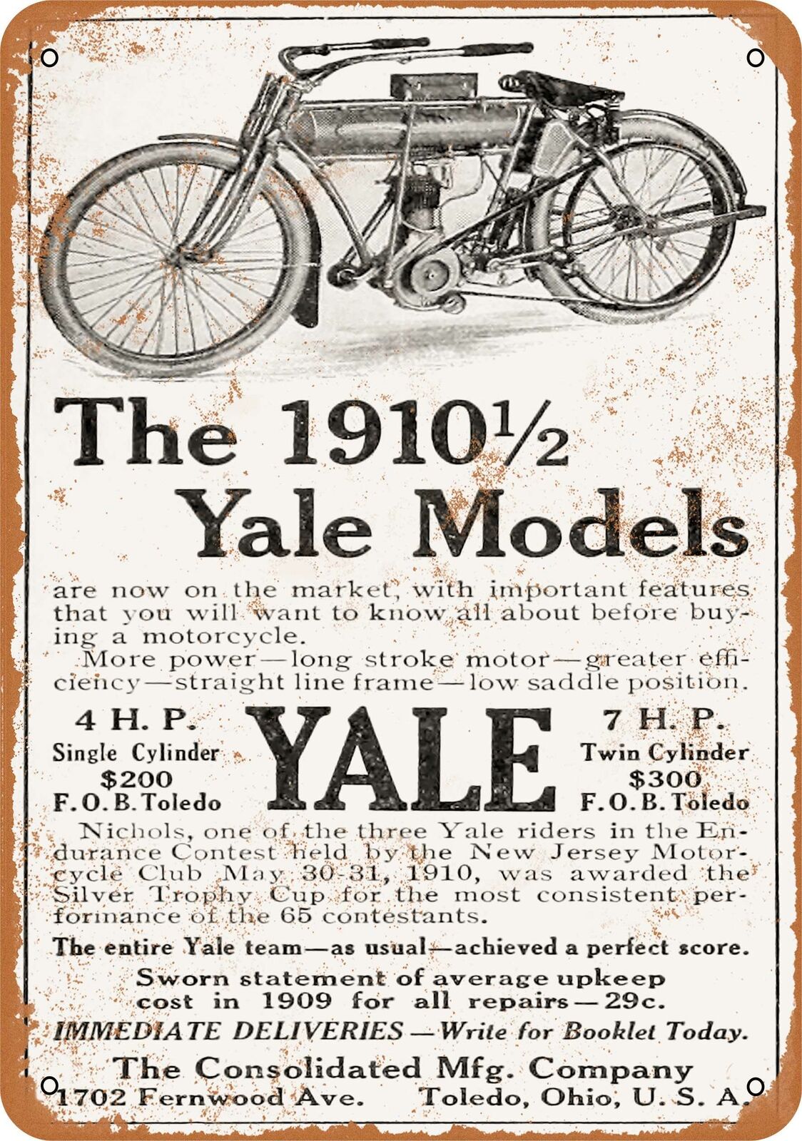 Metal Sign - 1910 Yale Motorcycles - Vintage Look Reproduction