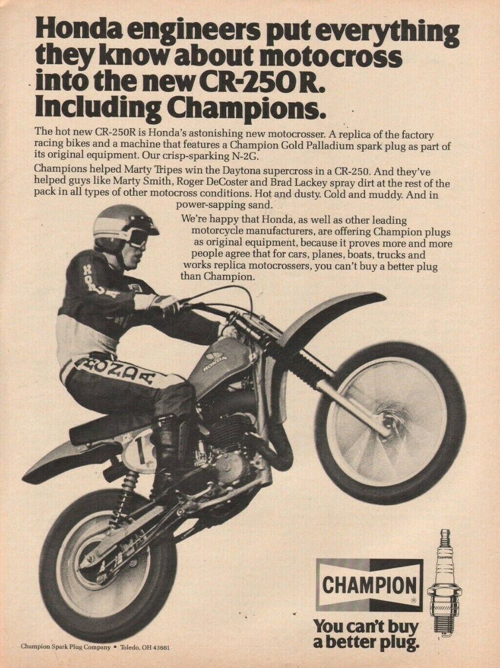 1978 Champion Spark Plugs / Honda CR-250R - Vintage Motorcycle Ad