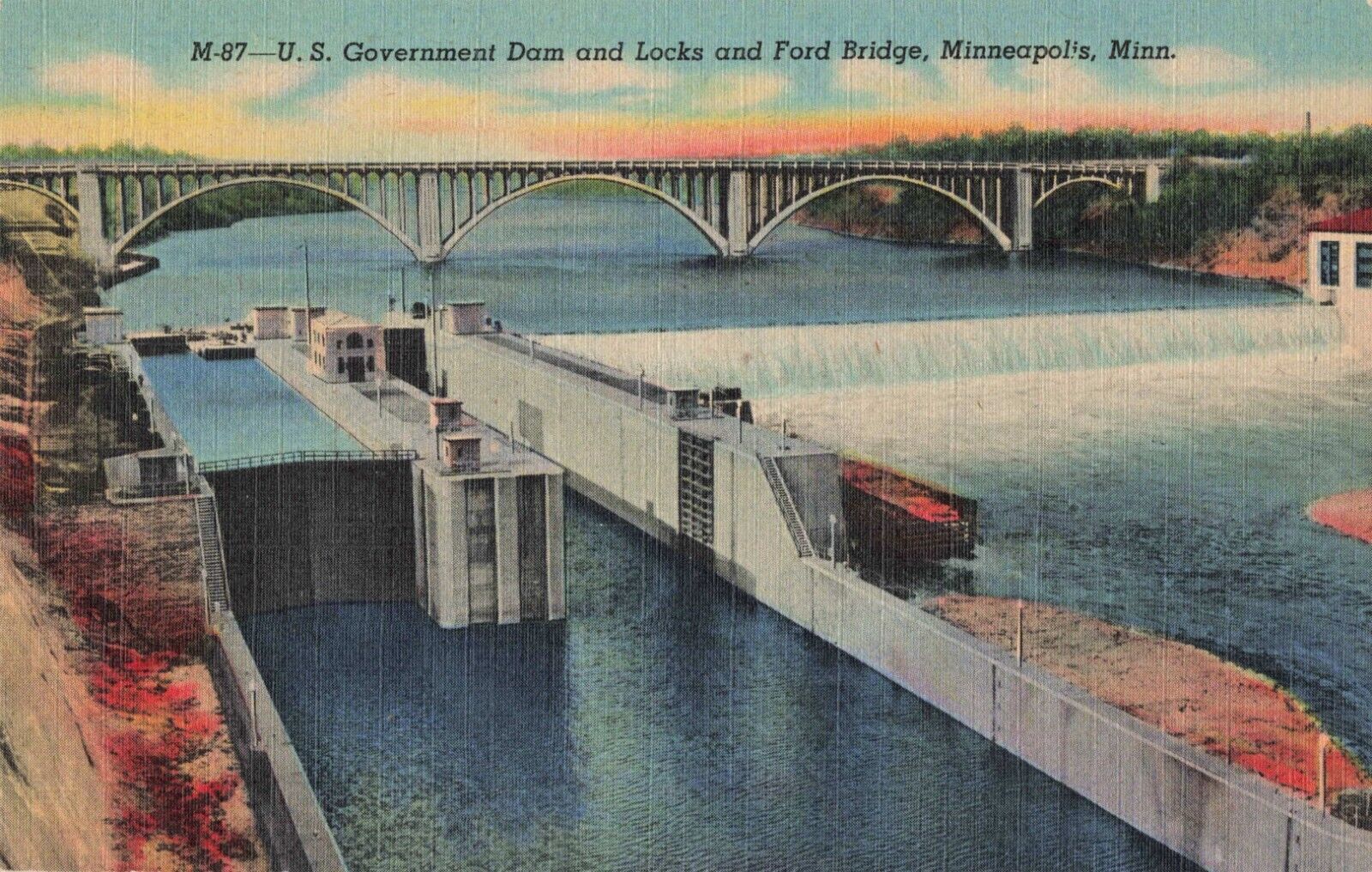 Minneapolis MN Minnesota, Ford Bridge US Government Dam & Locks Vintage Postcard