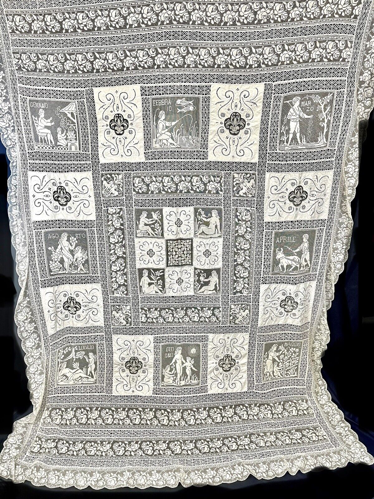 Antique Italian Tape Lace Tablecloth With Figural Scenes of Months 88x64 Inches
