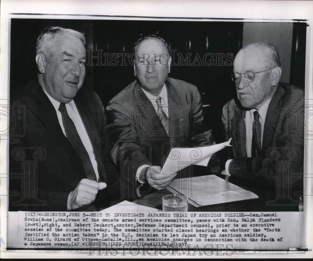 1957 Press Photo Senators Samuel Ervin & Ralph Flanders with Robert Deckert, DC