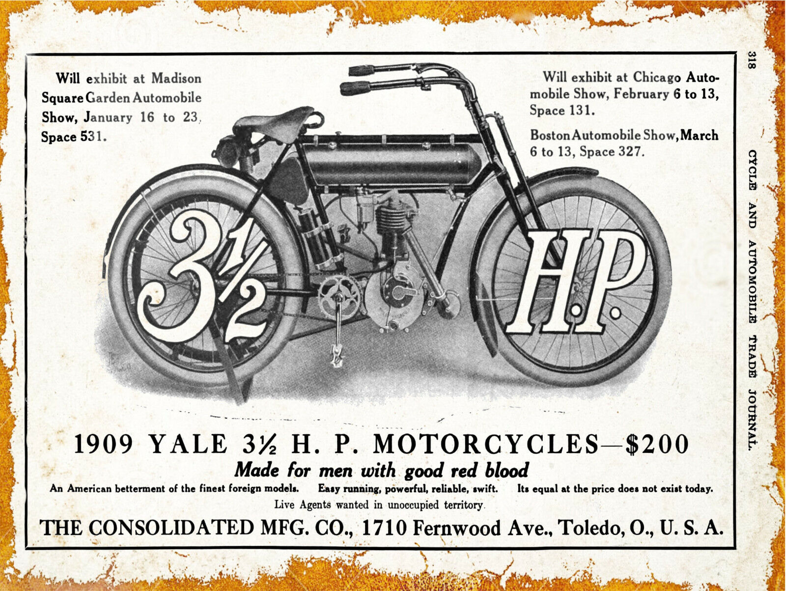 1909 Consolidated MFG. Co. New Metal Sign: Yale Motorcycles, Toledo, Ohio