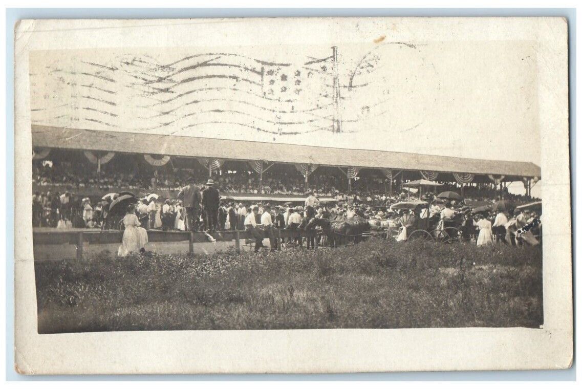 1910 Patriotic Race Fairgrounds Horse Wagon Red Oak Iowa IA RPPC Photo Postcard