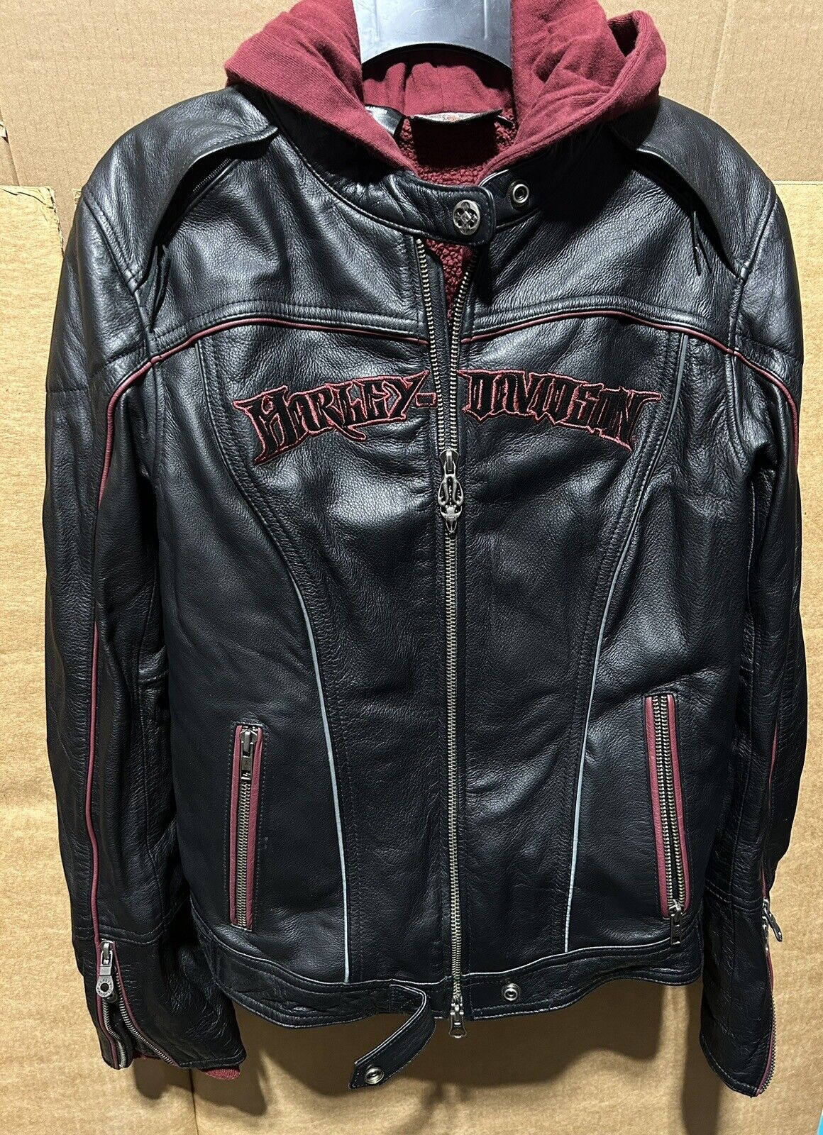 Harley Davidson Leather Jacket, Womens Size M; Sipper  Hoodie Liner With Chaps S