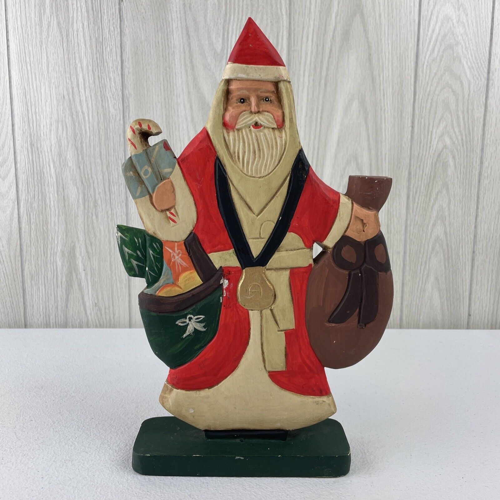 Vintage Folk Art Old World Santa Claus Carved Wood 12.5” Hand Painted L.M. DU