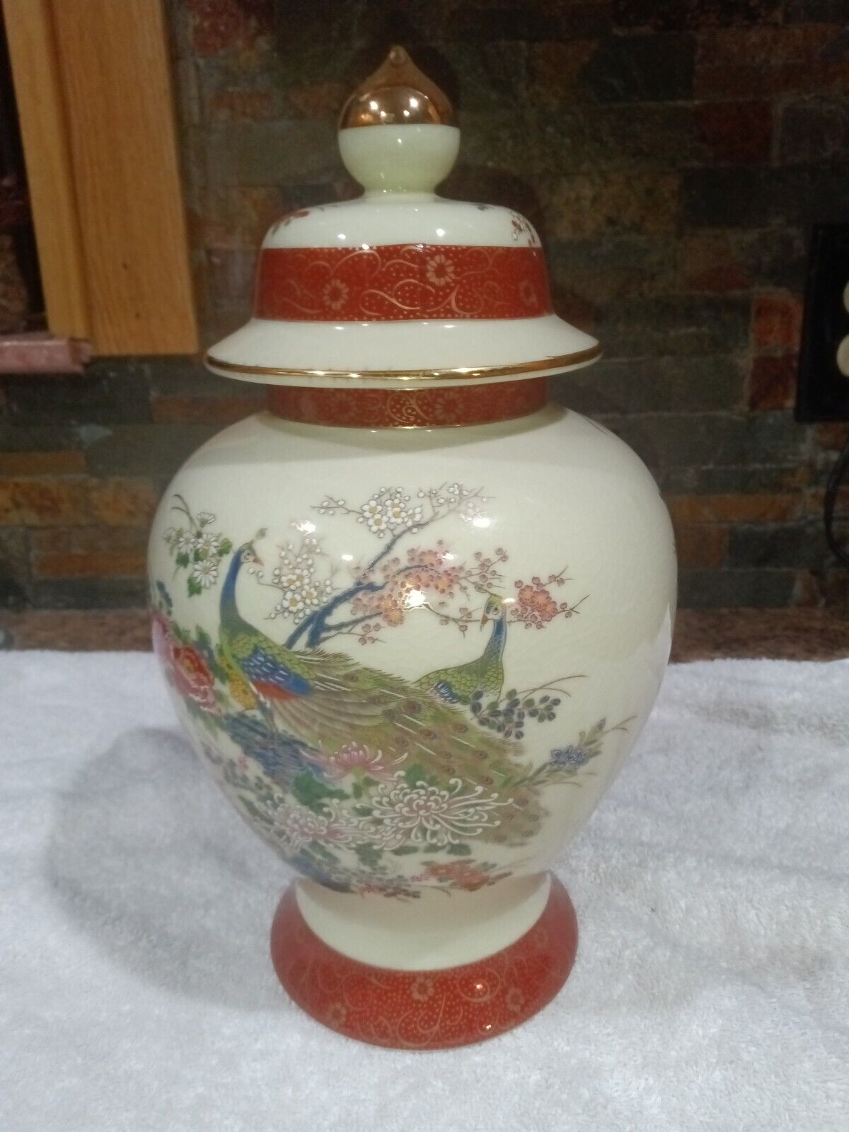 Vintage 1979 Satsuma 12 in. Porcelain Peacock Vase With Lid