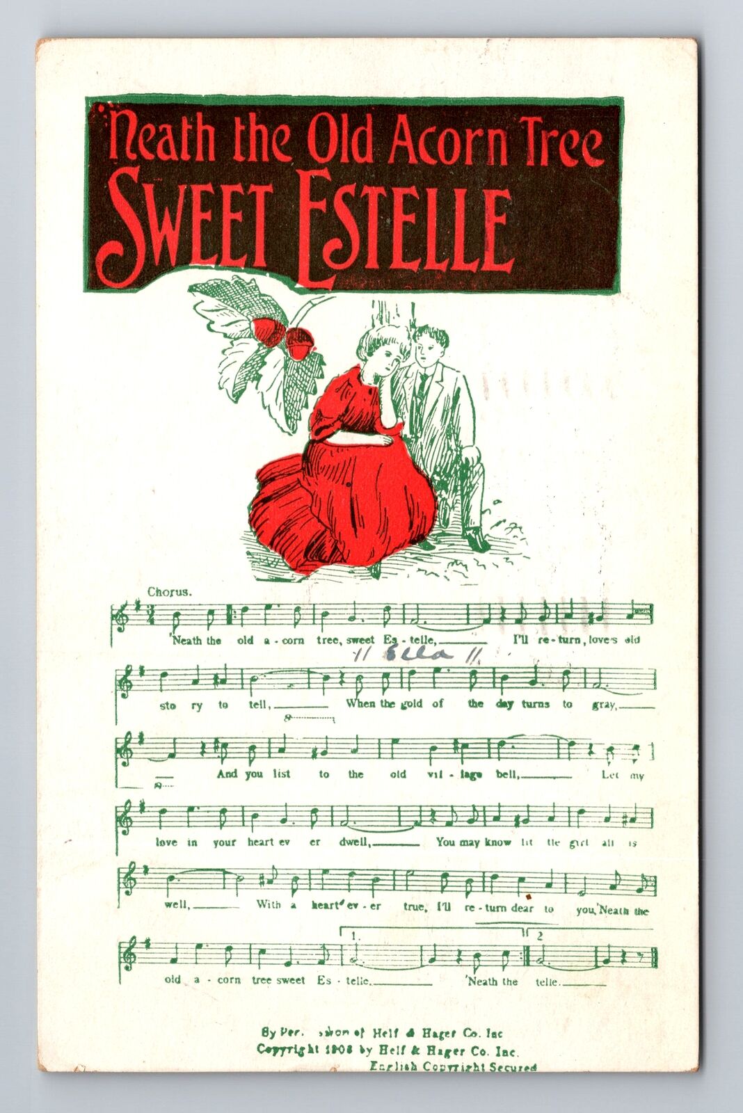 Music & Lyrics, Neath The Old Acorn Tree Sweet Estelle, Vintage c1907 Postcard