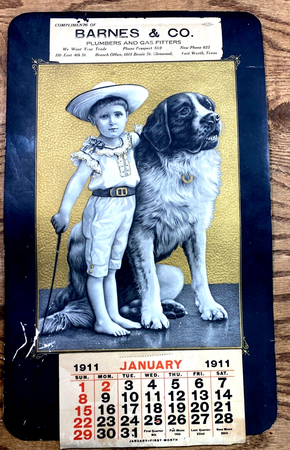 Vintage 1911 Ad Calendar BARNES & CO Boy & Dog Fort Worth Texas  ~ Advertising