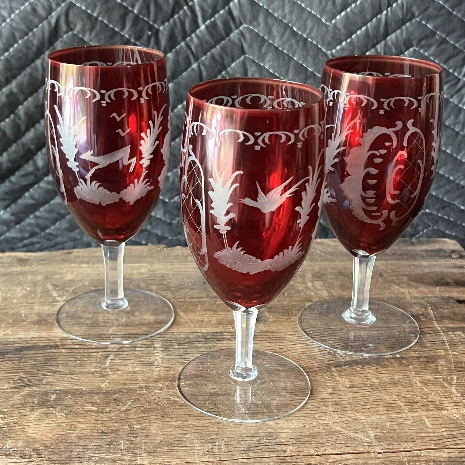 3 Stunning VTG 8oz Becher Bohemian Ruby Red Cut To Clear Wine Champagne Glasses