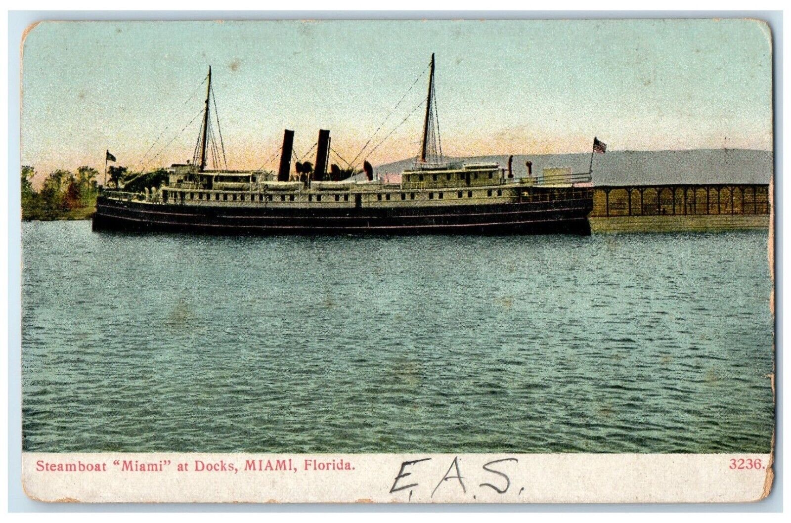 1911 Steamboat Miami Docks Steamer Sea Miami Florida FL Vintage Antique Postcard