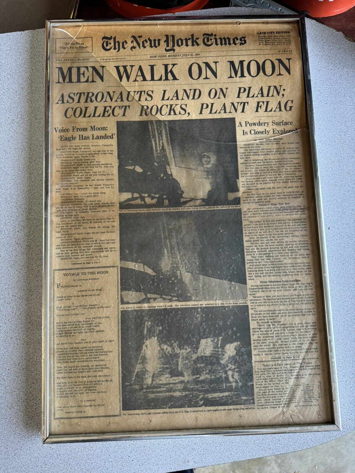 New York Times Monday July 21 1969 -MAN WALK ON MOON- Framed - Front Page Only