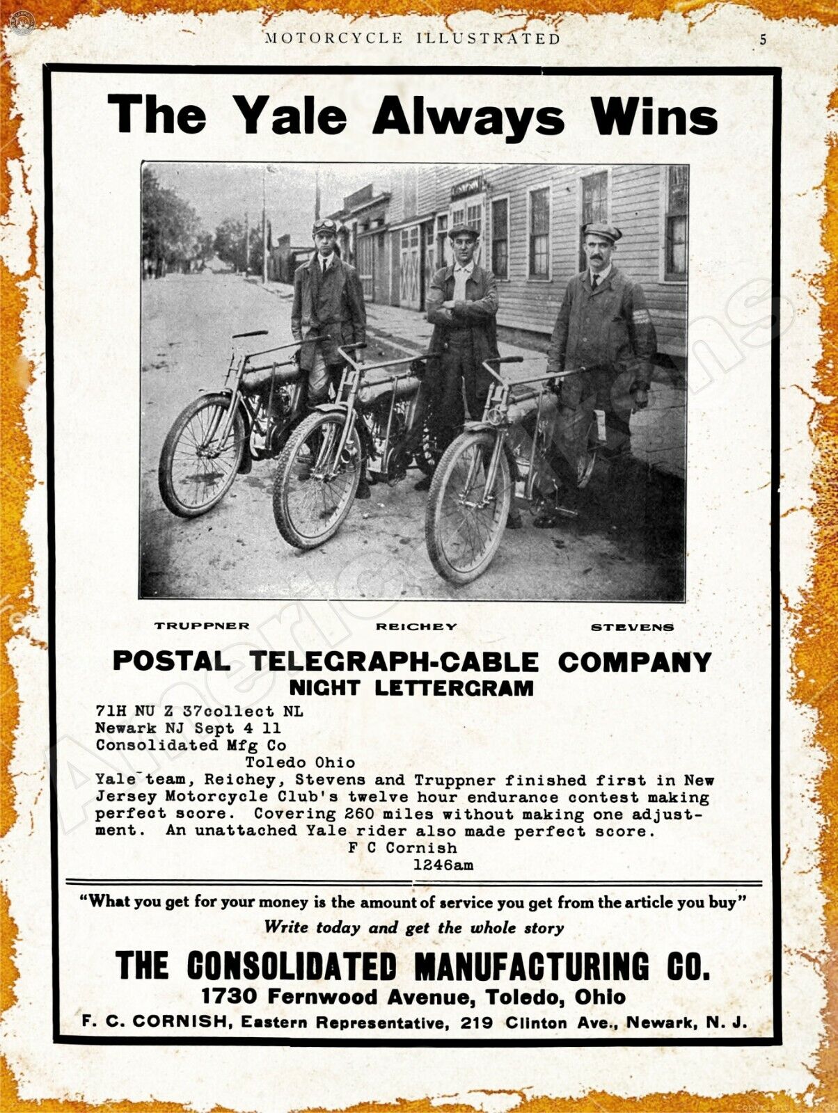 1911 Consolidated Mfg. Yale Motorcycles New Metal Sign: Fernwood a Toledo, Ohio 