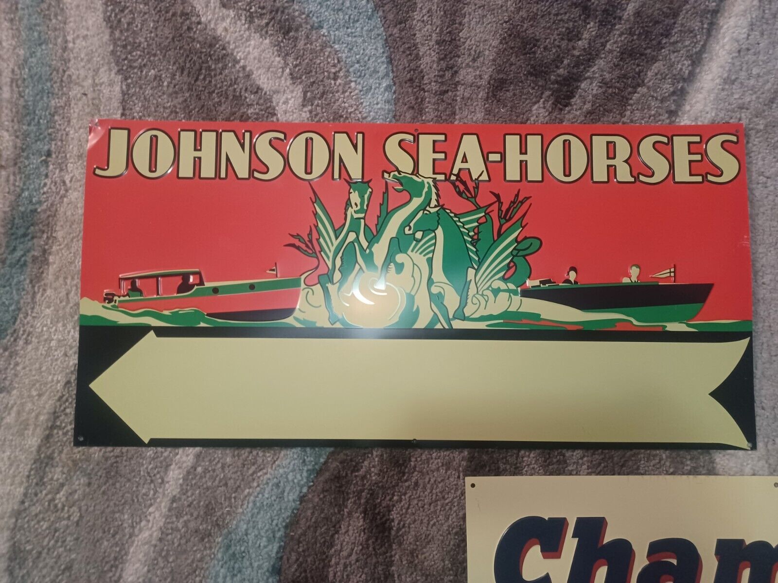 Johnson Sea-Horse Outboard Boat Motors Embossed Metal Dealer Sign RARE