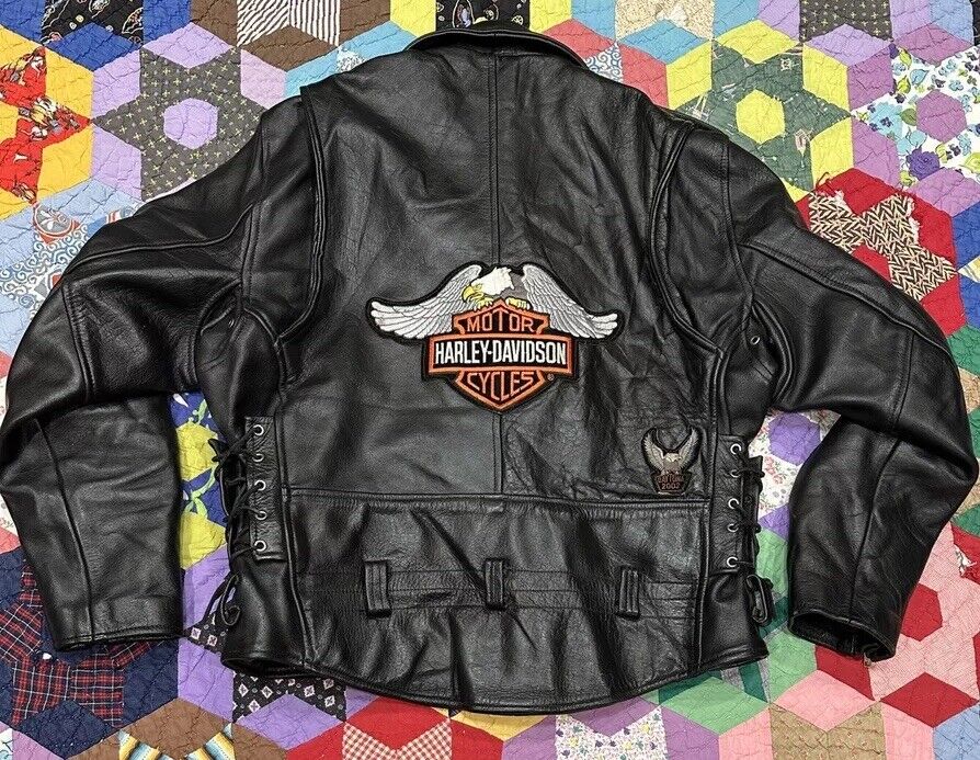 Vintage Harley Patch Leather Jacket Y2k 2002 Heavy Motorcycle Jacket size XXL