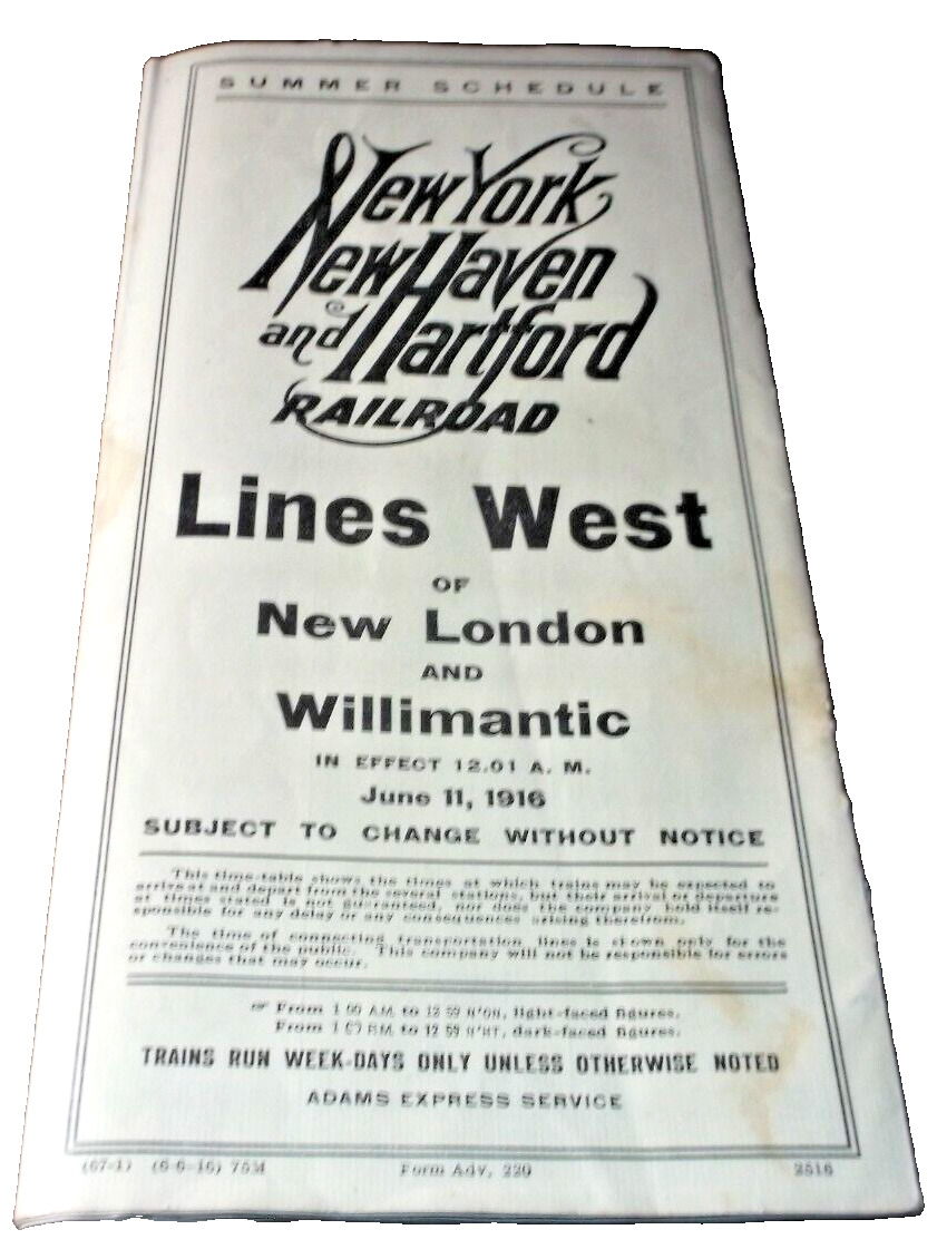 JUNE 1916 NEW HAVEN NYNH&H LINES WEST SUMMER PUBLIC TIMETABLE FORM ADV-220