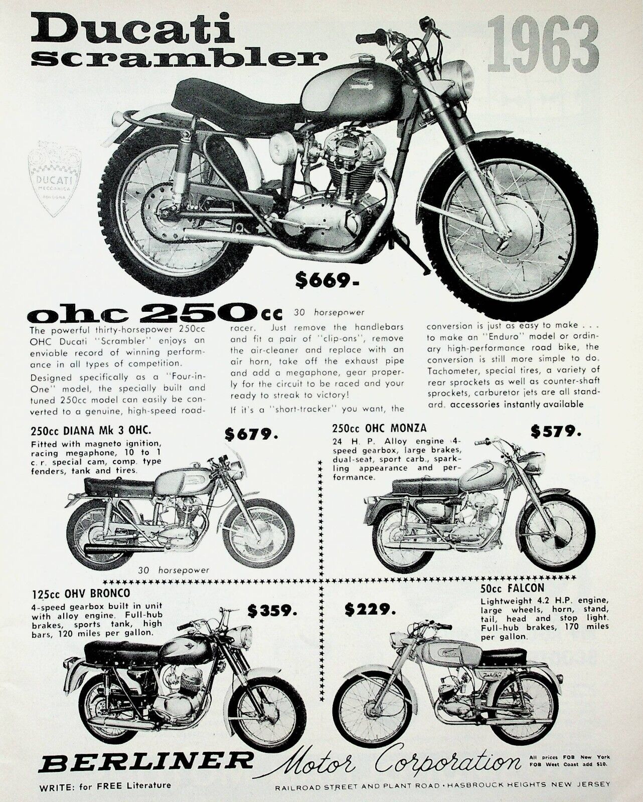 1963 Ducati Scrambler 250 Bronco Falcon Monza Diana - Vintage Motorcycle Ad
