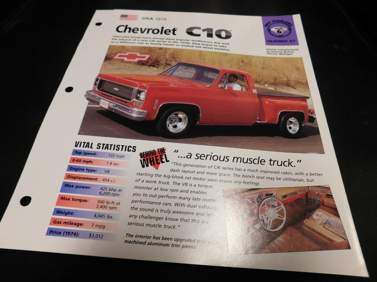 1974 Chevrolet C10 C-10 Pickup Truck Spec Sheet Brochure Photo Poster