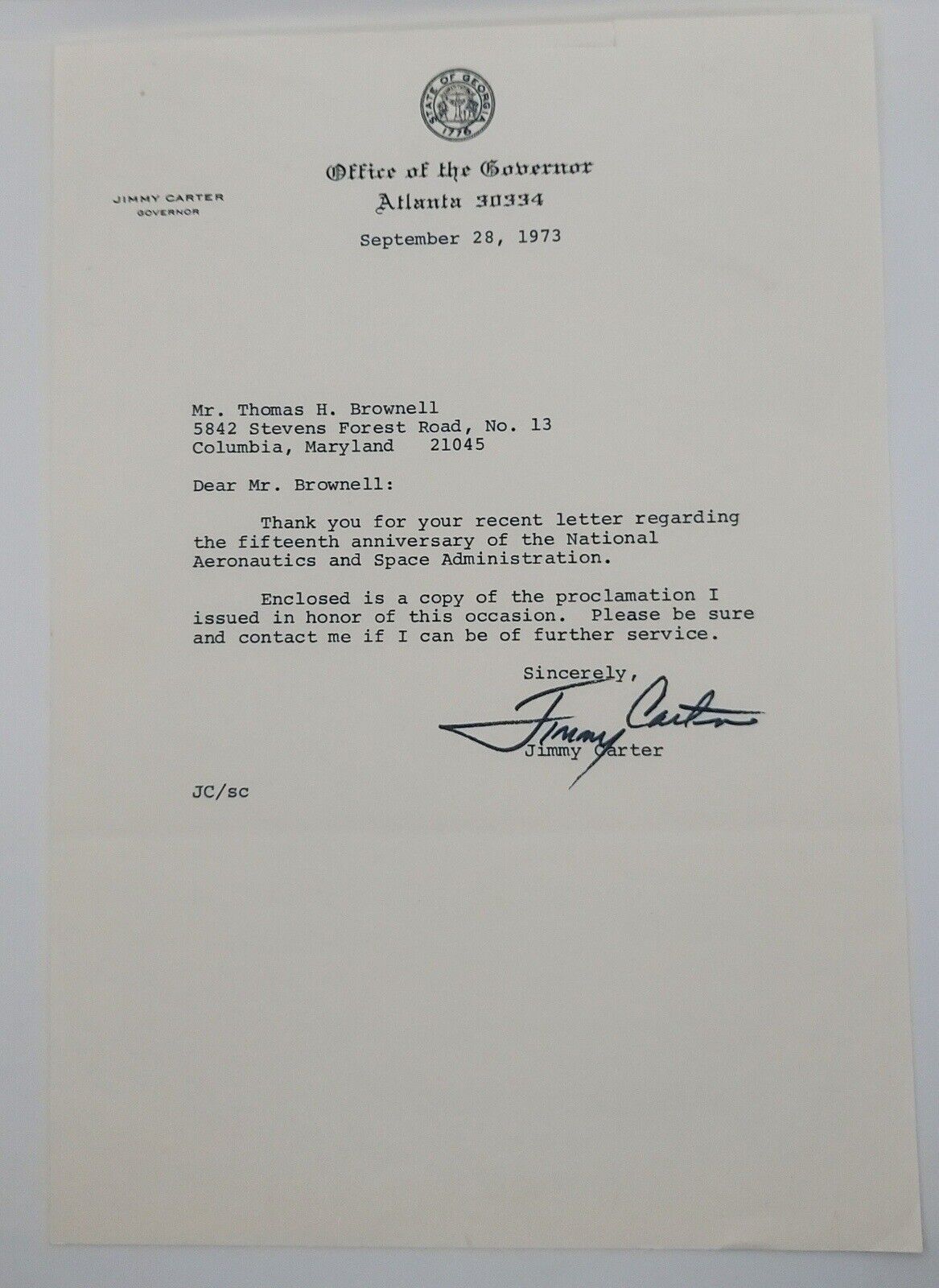 Governor Jimmy Carter Signed 1973 Typed Letter About NASA