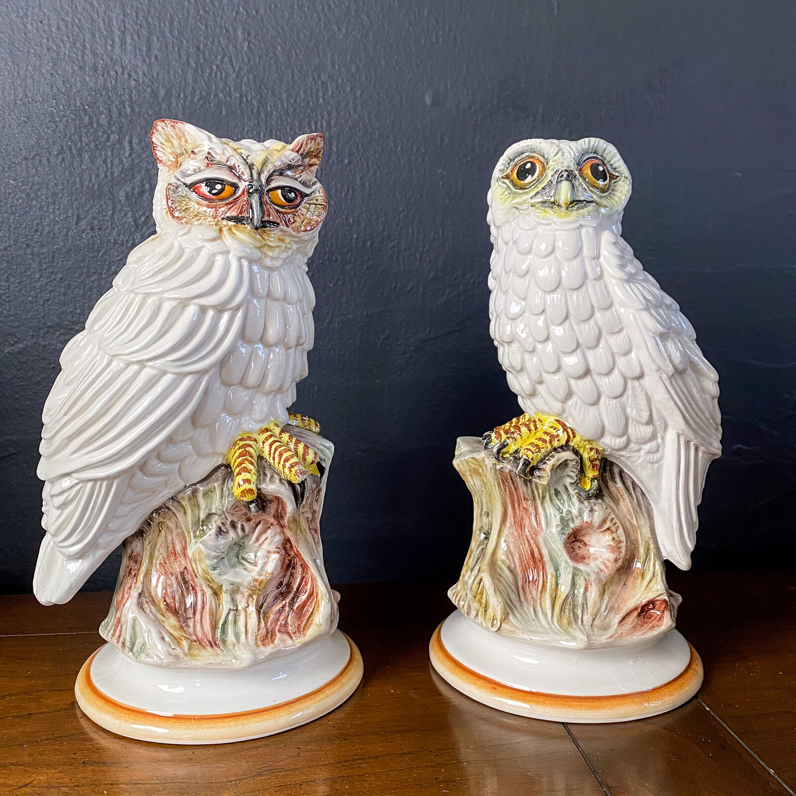 Vintage Hand-Painted PAIR of OWLS Figurine Statue Majolica ITALY Art Pottery 10\