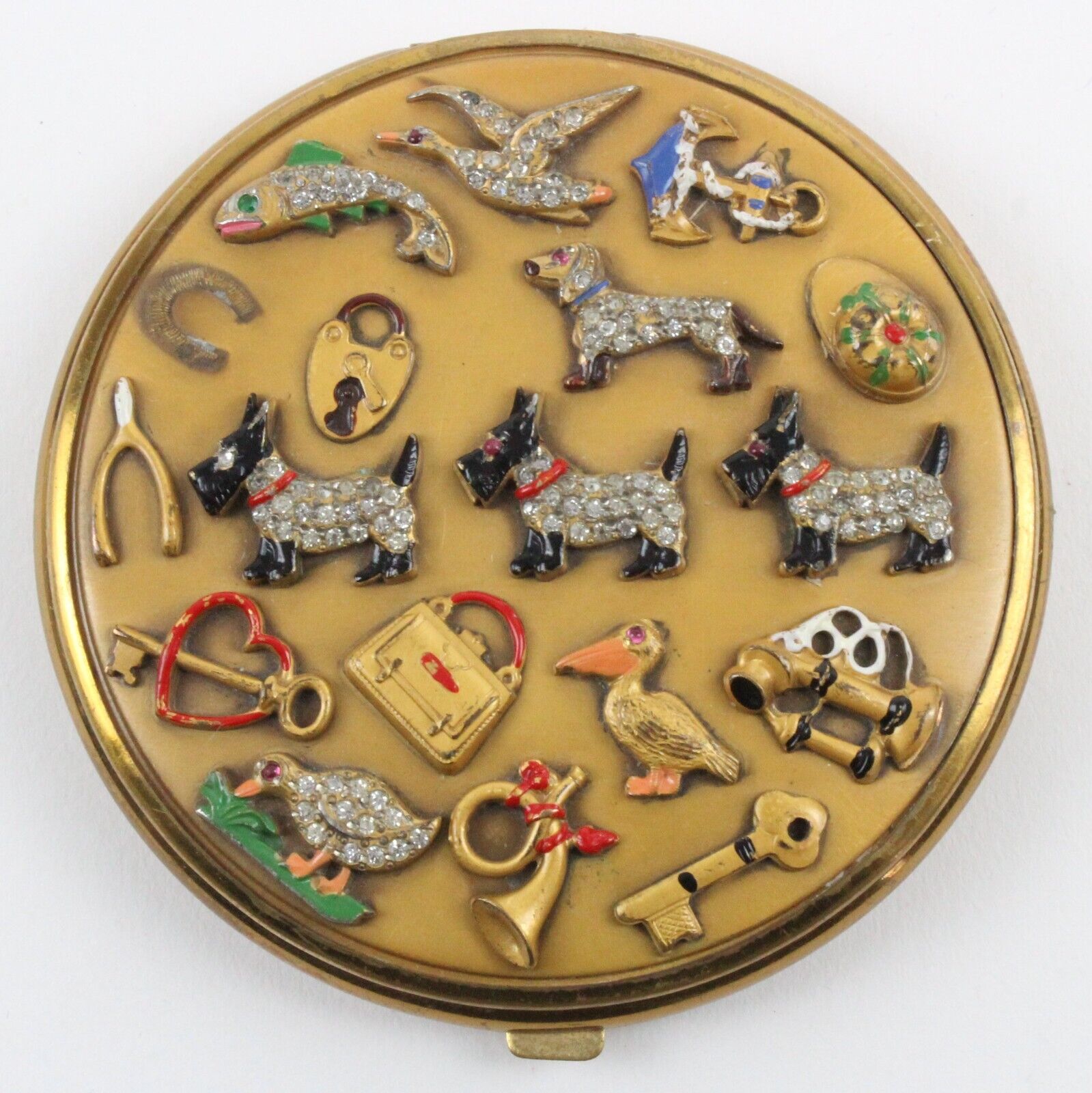 Foster Lucky Charms Compact Mirror 17 charms Vintage 1930-40s Rhinestone Enamel