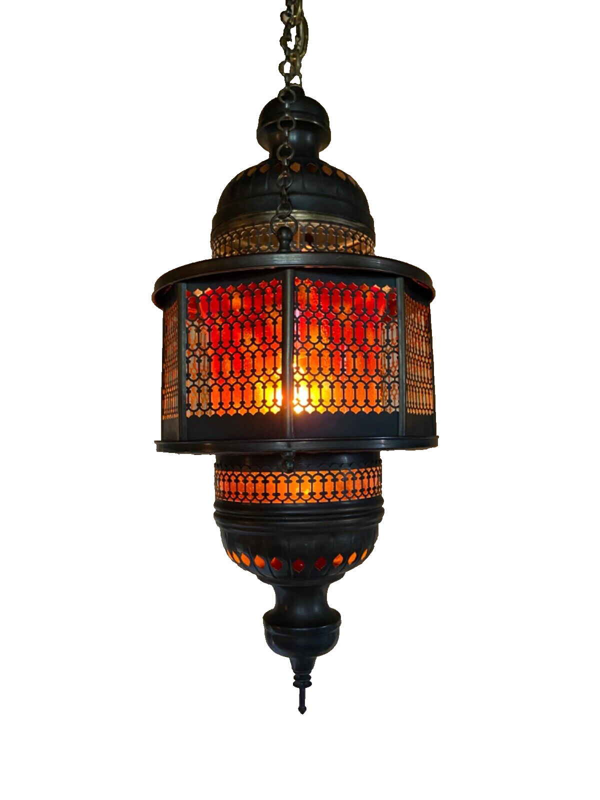 middle eastern style hand blown red orange glass and brass hinging light fixture