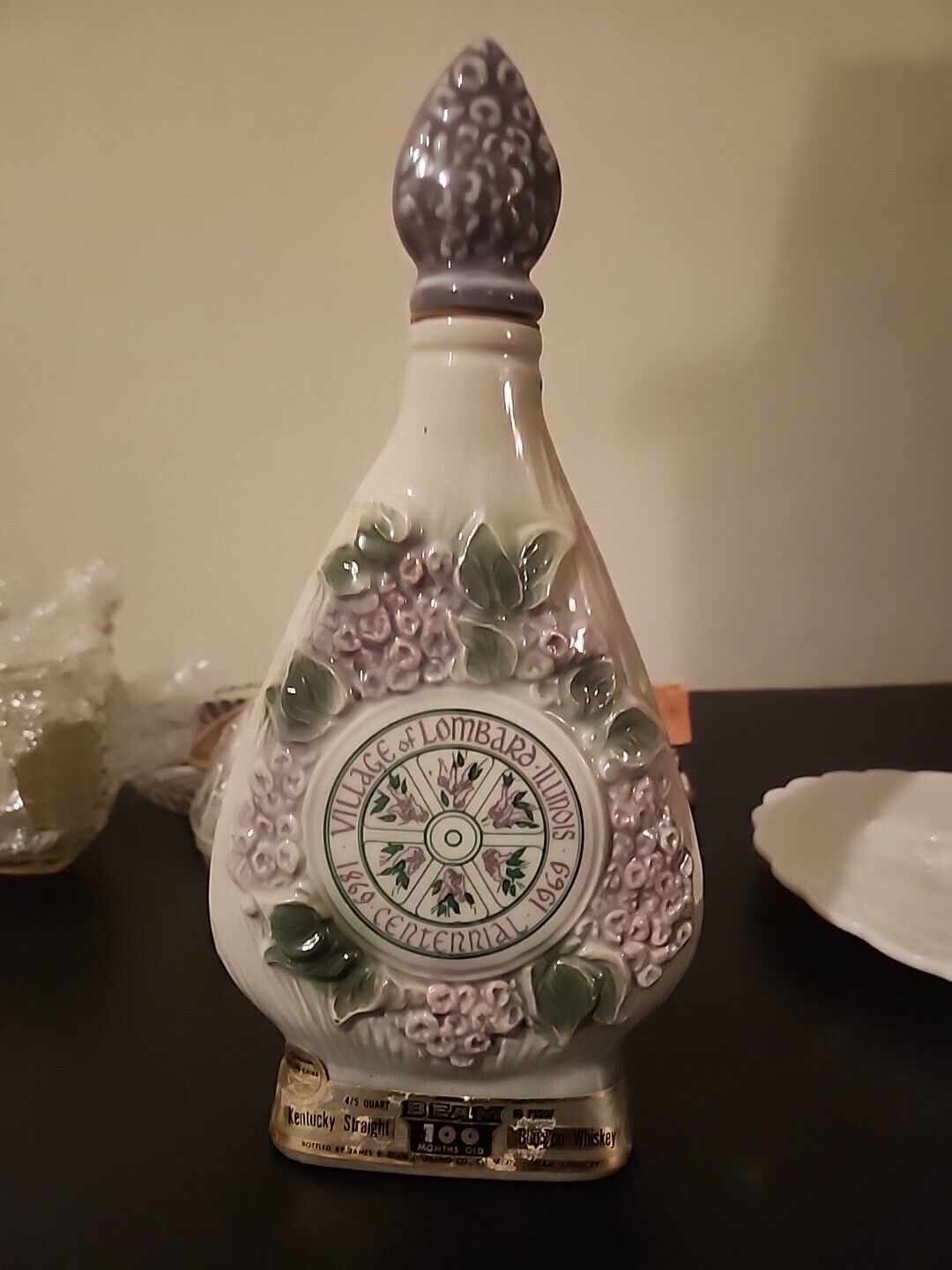 Vintage 1969 Jim Beam Village of Lombard, IL Centennial Lilac Decanter (Empty)