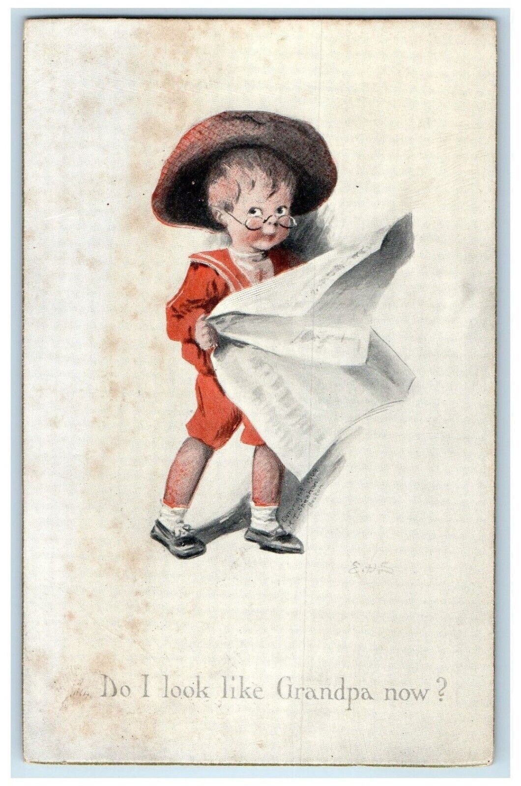 1912 Boy Acting Old Man Grandpa Newspaper Lake Placid New York NY Postcard
